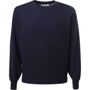 Brunello Cucinelli, Sweatshirts & Hoodies, Heren, Blauw, 2Xl, Katoen, Blauwe Crew-Neck Sweater met Geribbelde Manchetten en Ruffle