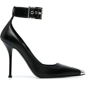 Alexander McQueen, Schoenen, Dames, Zwart, 37 1/2 EU, Leer, Zwarte Leren Stiletto Pumps met Metalen Neuskap