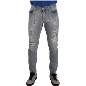 Dolce & Gabbana, Jeans, Heren, Blauw, M, Katoen, Lichtblauwe Gescheurde Katoenen Regular Denim Jeans