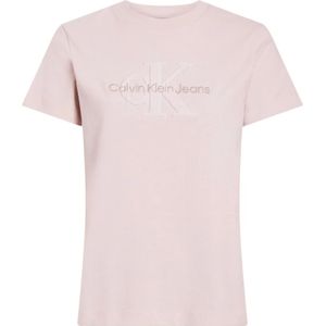 Calvin Klein, Tops, Dames, Roze, M, Katoen, Gestructureerd Logo Katoenen T-shirt - Rozen