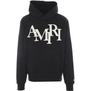 Amiri, Sweatshirts & Hoodies, Heren, Zwart, M, Katoen, Zwarte hoodie met leren logopatch