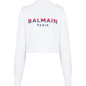 Balmain, Sweatshirts & Hoodies, Dames, Wit, XS, Katoen, Flocked Paris cropped sweatshirt