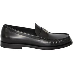 Dolce & Gabbana, Schoenen, Heren, Zwart, 41 1/2 EU, Leer, Zwarte Loafer Schoenen met Zilveren DG Logo