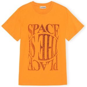 Ganni, Tops, Dames, Oranje, S, Katoen, Space Text Print Cotton T-Shirt