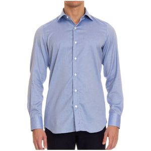 Finamore, Overhemden, Heren, Blauw, M, Katoen, Neapolitaans Vervaardigde Slim-Fit Casual Overhemden