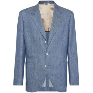 Brunello Cucinelli, Blauwe Zijde/Linnen Jas Met Revers Blauw, Heren, Maat:L