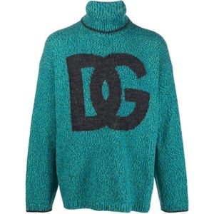 Dolce & Gabbana, Truien, Heren, Blauw, M, Wol, Blauwe Intarsia-Logo Jumper Sweater