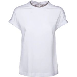 Brunello Cucinelli, Katoenen Stretch Jersey T-shirt met Monile Inzetstuk Wit, Dames, Maat:XS