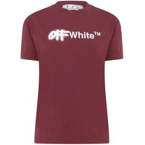 Off White, Tops, Dames, Rood, S, Katoen, Burgundy/White Spray Logo T-Shirt