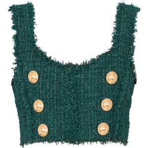 Balmain, Tops, Dames, Groen, 2Xs, Tweed, Mouwloze Tweed Crop Top met Gouden Details