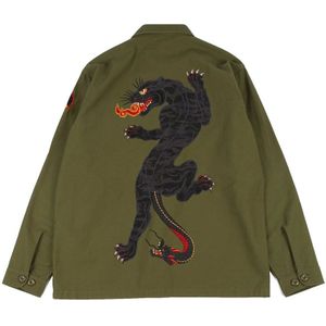 Maharishi, Overhemden, Heren, Groen, XL, Katoen, Panther geborduurd Overhemd katoenen regen twill