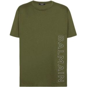 Balmain, Tops, Heren, Groen, XS, Katoen, Reflecterend Logo Katoenen T-Shirt