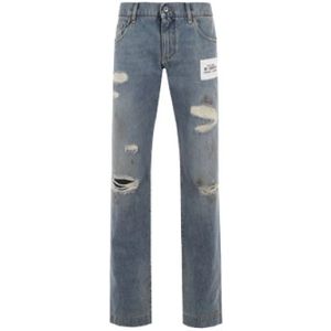 Dolce & Gabbana, Jeans, Heren, Blauw, L, Katoen, Blauwe Regular-Fit Jeans met Verweerd Effect