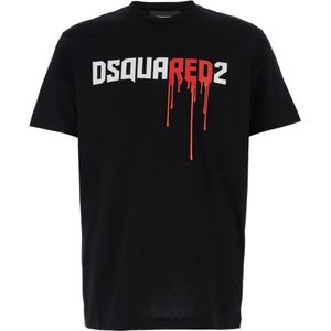 Dsquared2, Tops, Heren, Zwart, L, Katoen, Zwart Logo Print Crewneck T-shirt