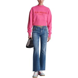 Balmain, Sweatshirts & Hoodies, Dames, Roze, XS, Katoen, Cropped sweatshirt met Paris print