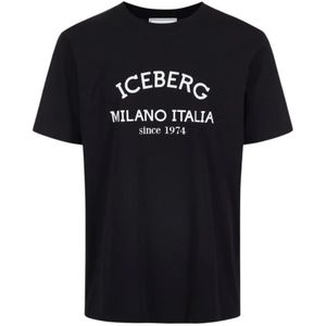 Iceberg, Tops, Heren, Zwart, M, Katoen, Logo Print Zwart T-shirt