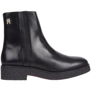 Tommy Hilfiger, Schoenen, Dames, Zwart, 37 EU, Leer, Zwarte Crepe Enkellaarsjes