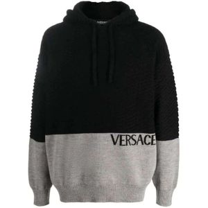 Versace, Sweatshirts & Hoodies, Heren, Zwart, L, Wol, Gebreide trui met capuchon