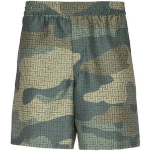 Balmain, Korte broeken, Heren, Groen, L, Polyester, Camouflage monogrammed Shantung shorts