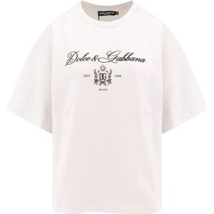 Dolce & Gabbana, Tops, Dames, Beige, M, Katoen, Wit Logo Print T-Shirt