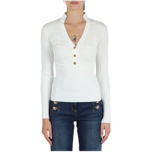 Elisabetta Franchi, Truien, Dames, Wit, M, Polyester, Geribbelde V-hals trui in viscosemix