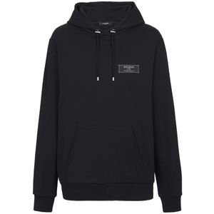 Balmain, Sweatshirts & Hoodies, Heren, Zwart, XL, Katoen, label hoodie