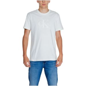 Calvin Klein Jeans, Tops, Heren, Wit, XL, Katoen, Witte Ronde Hals T-shirt Mannen