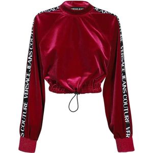 Versace Jeans Couture, Sweatshirts & Hoodies, Dames, Rood, XS, Polyester, Logo Gestreepte Cropped Sweatshirt