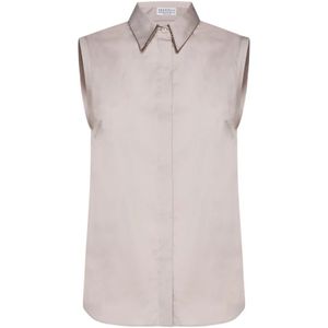 Brunello Cucinelli, Blouses & Shirts, Dames, Roze, M, Katoen, Kraal Trim Mouwloze Poplin Shirt