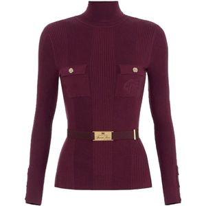 Elisabetta Franchi, Truien, Dames, Rood, 2Xl, Geribbelde Viscose Zijde Sweater met Hoge Kraag