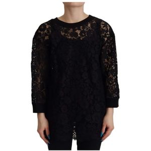 Dolce & Gabbana, Blouses & Shirts, Dames, Zwart, XS, Katoen, Zwarte Bloemenkanten Sicily Blouse