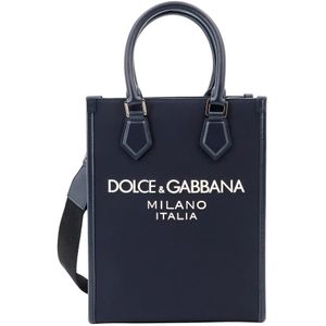 Dolce & Gabbana, Tassen, Heren, Blauw, ONE Size, Nylon, Geëmbosseerde Logo Nylon en Leren Handtas