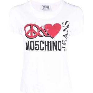 Moschino, Tops, Dames, Wit, M, Katoen, Logo-print katoenen T-shirt met hartprint
