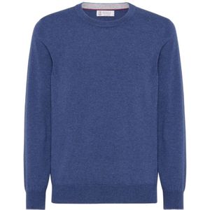 Brunello Cucinelli, Truien, Heren, Blauw, M, Kasjmier, Blauwe Cashmere Crew Neck Sweater