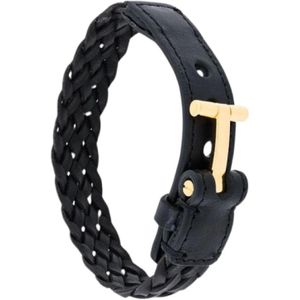 Tom Ford, Zwart gevlochten leren armband met gouden T-sluiting Zwart, Heren, Maat:ONE Size