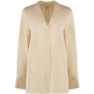 Calvin Klein, Blouses & Shirts, Dames, Beige, S, V-hals Crêpe Blouse met Cut-out Mouwen