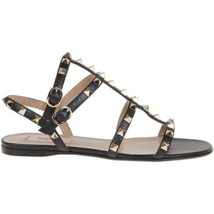 Valentino Garavani, Schoenen, Dames, Zwart, 36 EU, Leer, Studded Calfskin Flat Sandalen