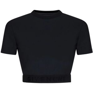 Givenchy, Zwarte Geribbelde Crewneck T-shirts en Polos Zwart, Dames, Maat:M