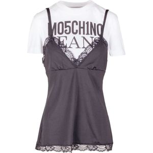 Moschino, Tops, Dames, Zwart, S, Katoen, T-shirt met contrasterend logo en kanten detail