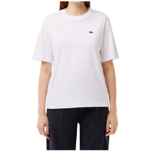 Lacoste, Tops, Dames, Wit, XL, Katoen, Zachte Jersey T-shirt met Ribgekraagd