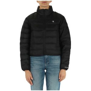 Calvin Klein Jeans, Gewatteerde Logo Print Puffer Jas Zwart, Dames, Maat:S