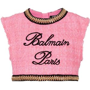 Balmain, Tops, Dames, Roze, XS, Tweed, Handtekening tweed en ketting top