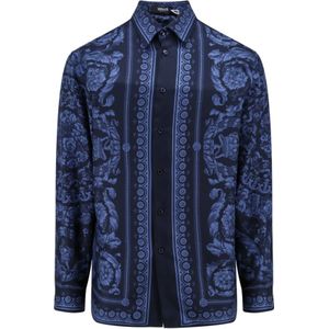 Versace, Overhemden, Heren, Blauw, S, Blauwe Zijden Overhemd met Knoopsluiting
