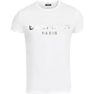 Balmain, Tops, Heren, Wit, XL, Katoen, Eco-ontworpen katoenen T-shirt met Paris logo print.