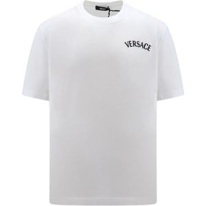 Versace, Tops, Heren, Wit, L, Katoen, Katoenen T-Shirt met Logo Borduursel