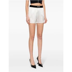 Tom Ford, Korte broeken, Dames, Wit, M, Satijn, Witte zijden shorts met logopatch