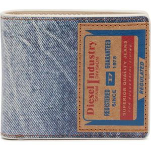 Diesel, Leather bi-fold wallet with denim print Blauw, Heren, Maat:ONE Size