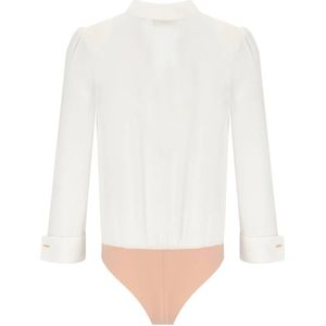 Elisabetta Franchi, Tops, Dames, Beige, L, Polyester, Ivory Georgette Bodysuit Shirt met Rhinestone en Pearl Knopen