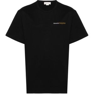 Alexander McQueen, Tops, Heren, Zwart, S, Katoen, Zwart Geborduurd Logo T-shirts en Polos