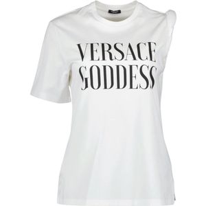 Versace, Tops, Dames, Wit, S, Katoen, Asymmetrisch T-shirt met bedrukt logo